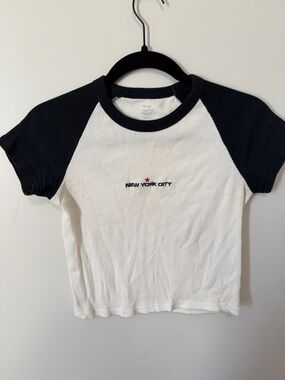 Vintage John Galt Rib-Knit 'New York City' Crop Raglan Tee - White & Navy